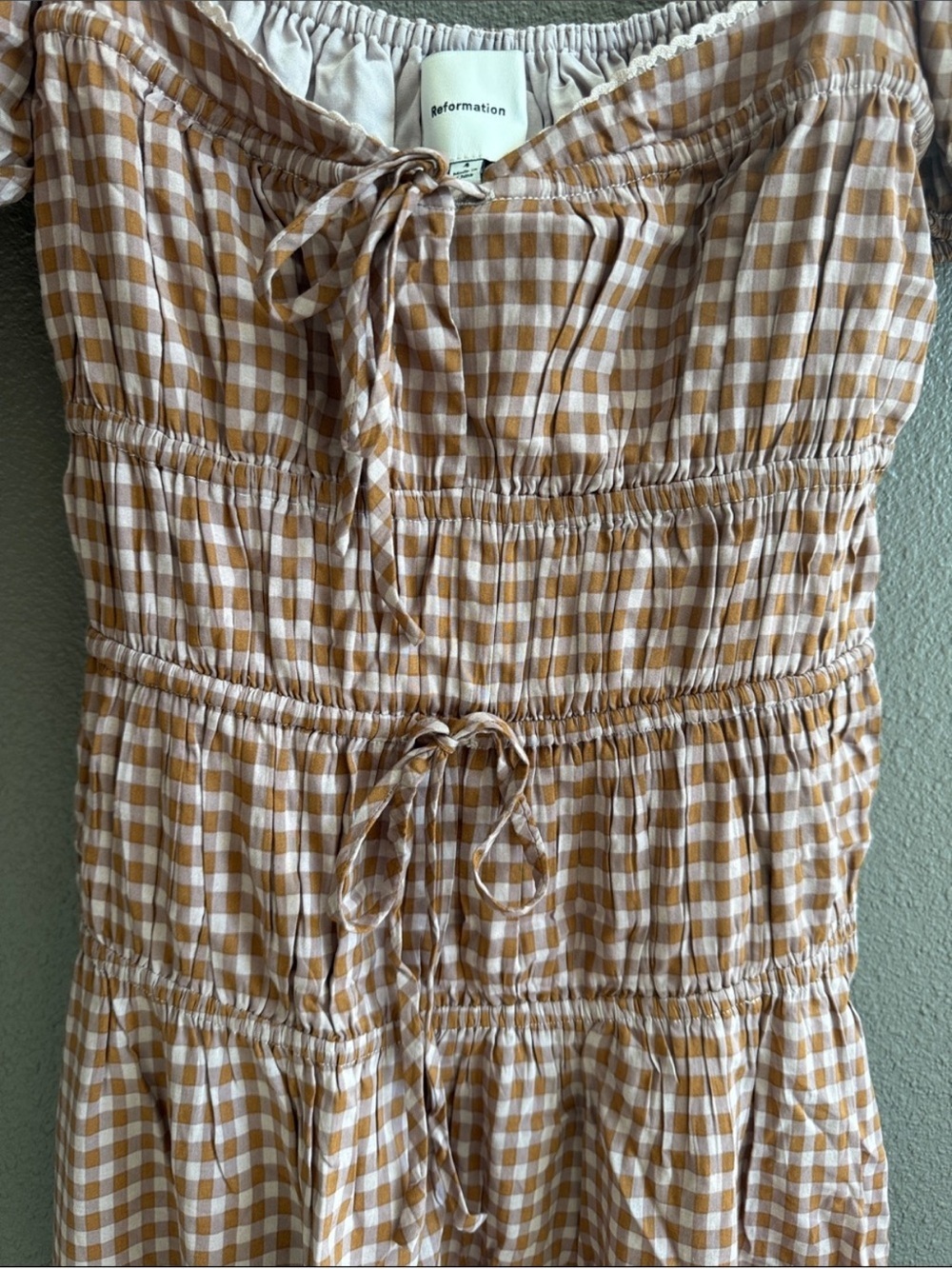 Reformation Rhett Midi Dress Smocked Gingham Midi Dress in Brown 4 - Picture 7 of 10